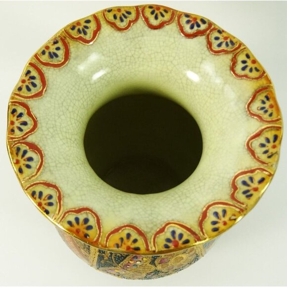 Vintage Japanese Satsuma Vase Scalloped Edges Geisha Butterfly Floral Ceramic - Picture 7 of 10